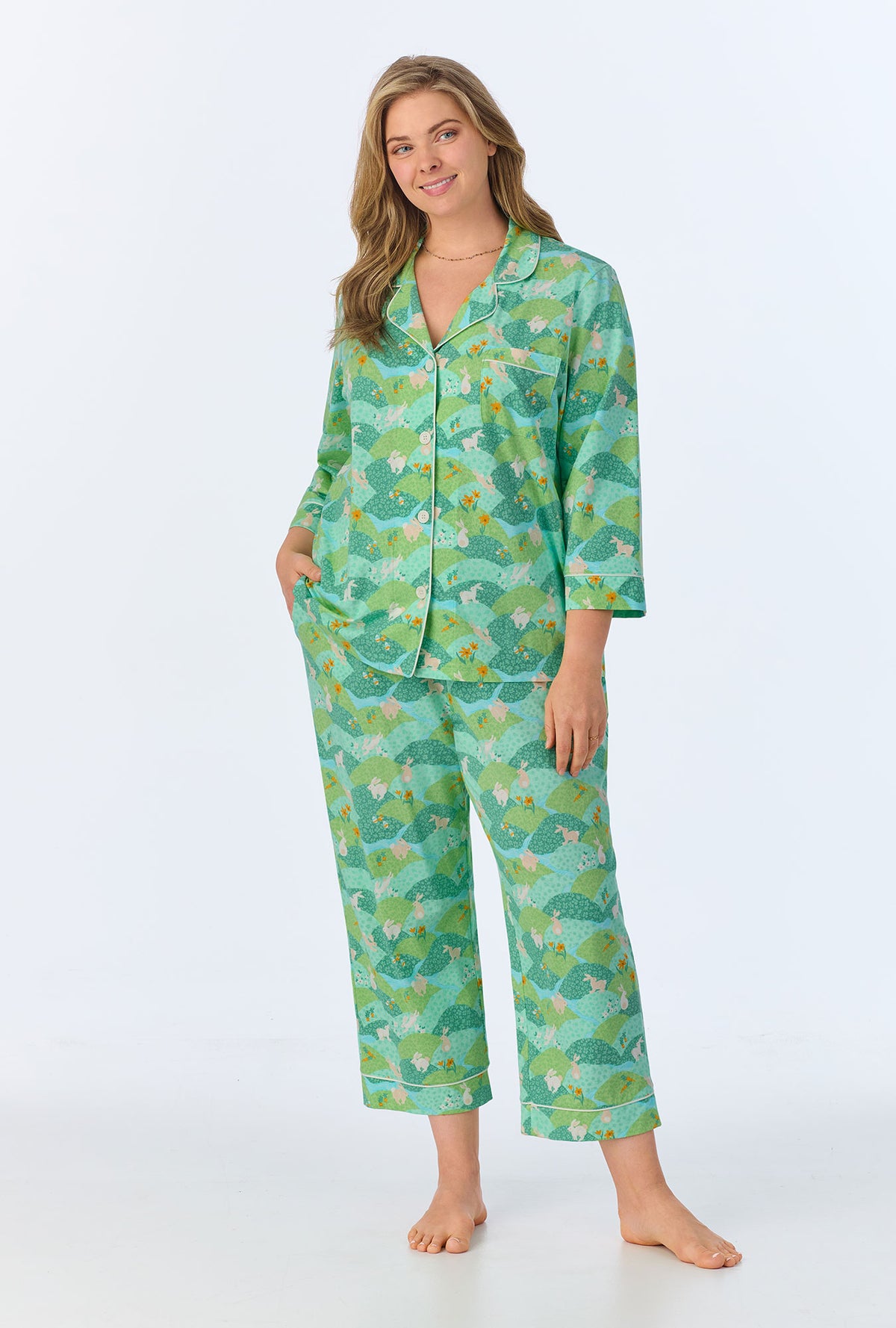A lady wearing Hop To It 3/4 Sleeve Classic Stretch Jersey Cropped PJ Set