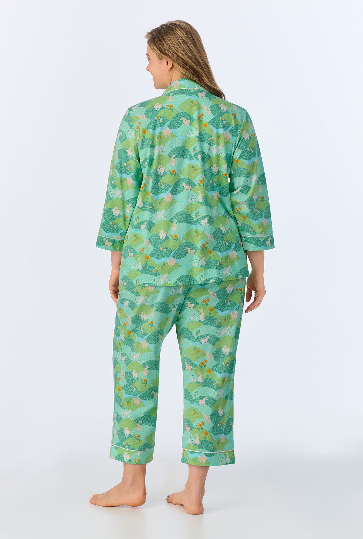 A lady wearing Hop To It 3/4 Sleeve Classic Stretch Jersey Cropped PJ Set