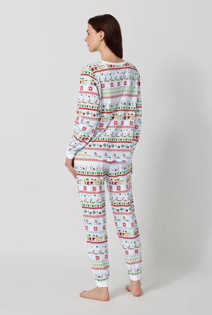 A lady wearing Peanuts® Winter Parade Long Sleeve Pullover Crew And Jogger Stretch Jersey Pj Set back view