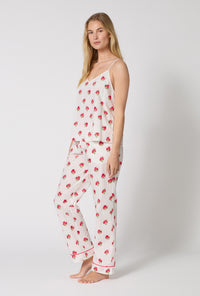 A Lady Wearing Celeste Cami Woven Supersoft Cotton Poplin Long Pj Set facing front in a side angled view pose