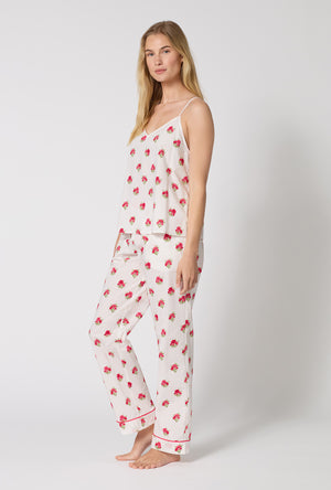 A Lady Wearing Celeste Cami Woven Supersoft Cotton Poplin Long Pj Set facing front in a side angled view pose