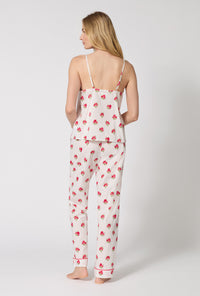 A Lady Wearing Celeste Cami Woven Supersoft Cotton Poplin Long Pj Set showing a back view pose while looking to the side
