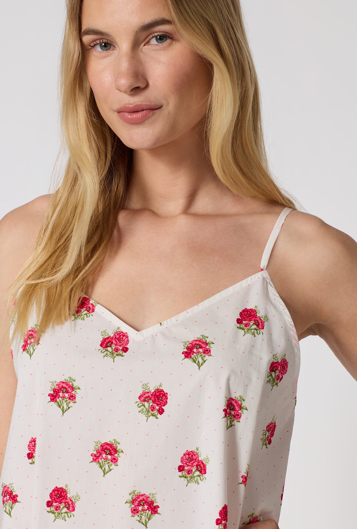 A Lady Wearing Celeste Cami Woven Supersoft Cotton Poplin Long Pj Set facing front in a close up shot
