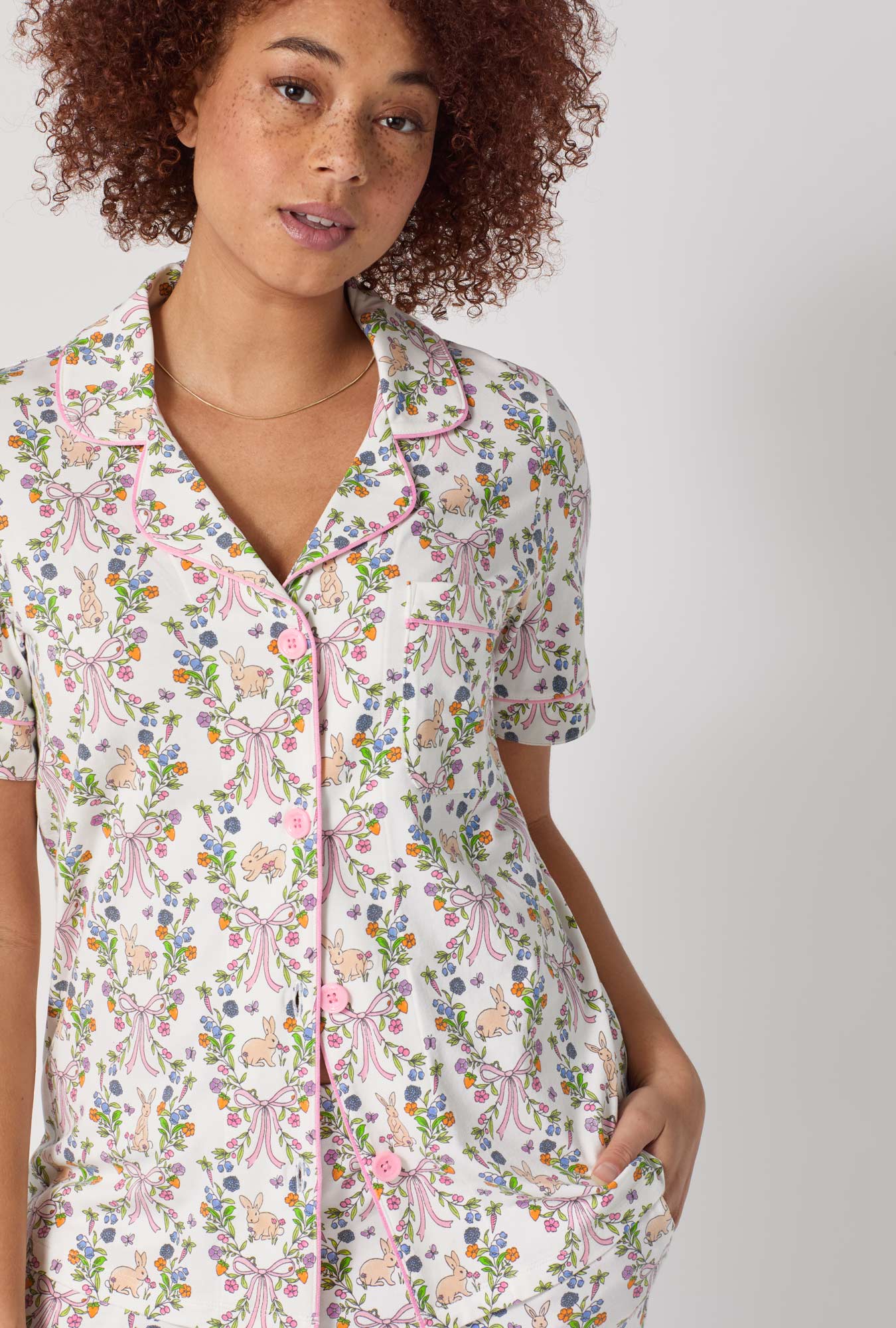 A lady wearing Bunny Blooms Short Sleeve Classic Shorty Stretch Jersey Pj Set