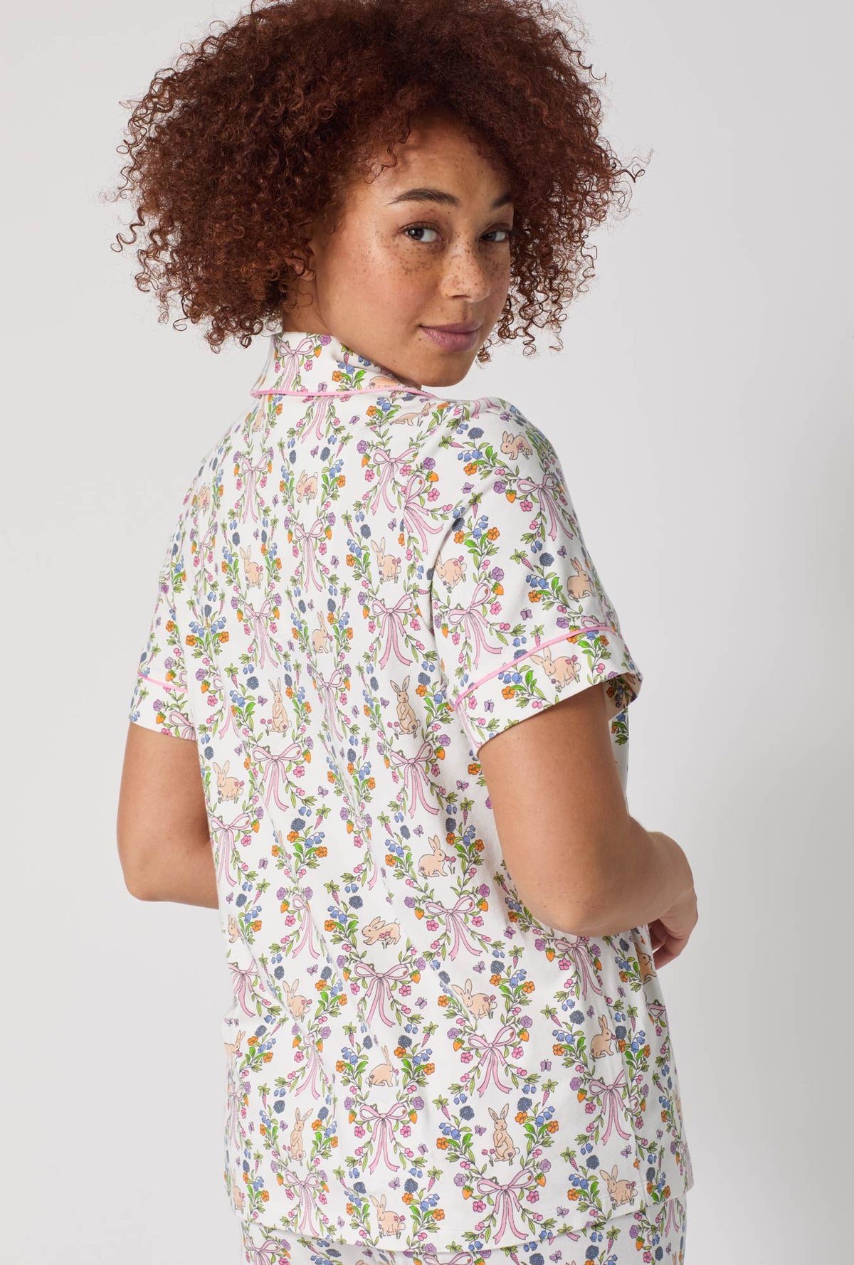 A lady wearing Bunny Blooms Short Sleeve Classic Shorty Stretch Jersey Pj Set