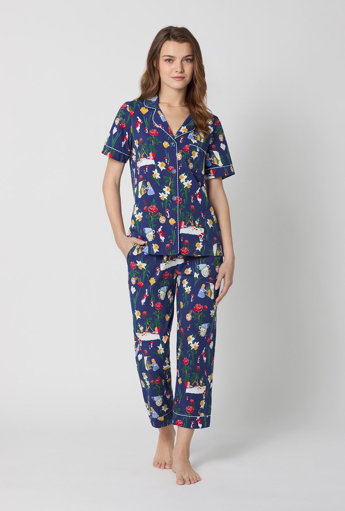 A lady wearing Alice's Adventures Short Sleeve Classic Stretch Jersey Cropped Pj Set