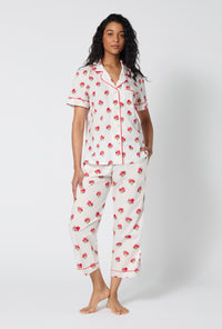 A Lady Wearing Celeste Short Sleeve Classic Woven Supersoft Cotton Poplin Cropped Pj Set