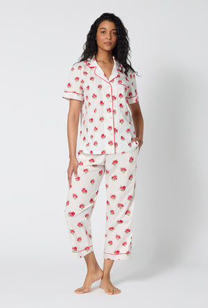 A Lady Wearing Celeste Short Sleeve Classic Woven Supersoft Cotton Poplin Cropped Pj Set