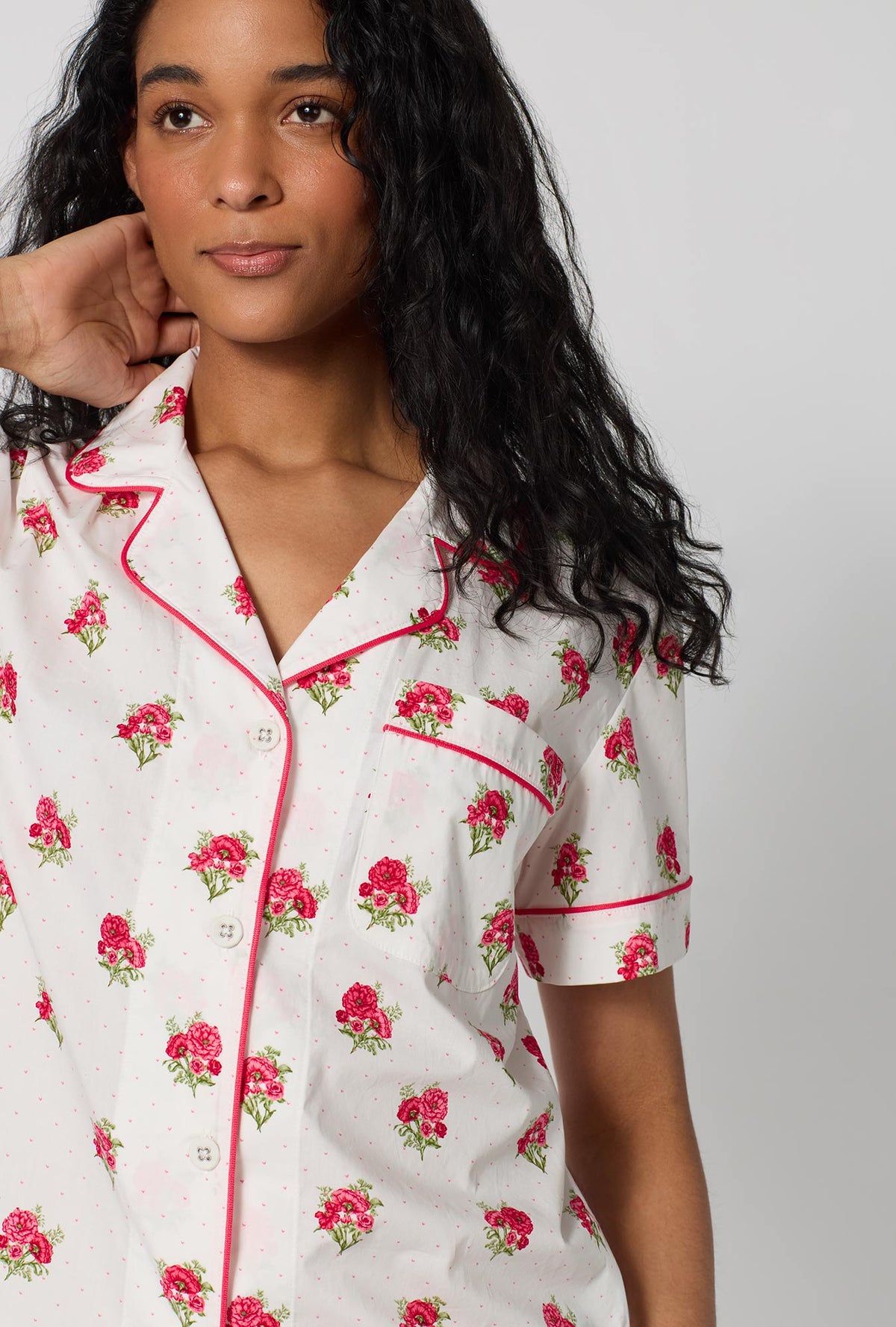 A Lady Wearing Celeste Short Sleeve Classic Woven Supersoft Cotton Poplin Cropped Pj Set in a close up view pose