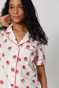 A Lady Wearing Celeste Short Sleeve Classic Woven Supersoft Cotton Poplin Cropped Pj Set in a close up view pose