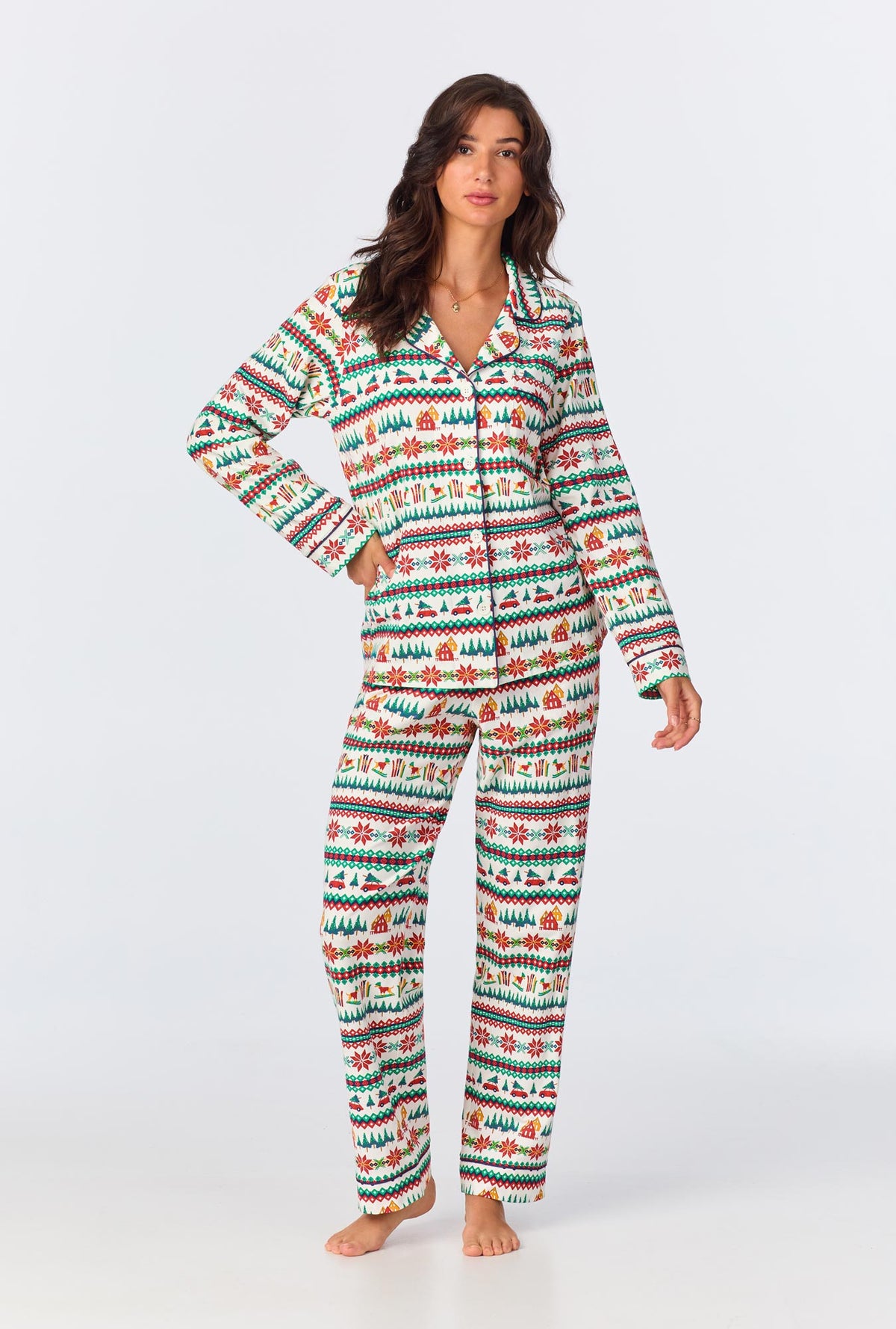 A lady wearing Festive Fairisle Long Sleeve Classic Stretch Jersey PJ Set