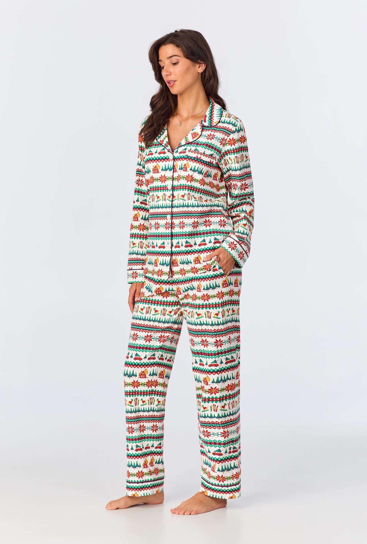 A lady wearing Festive Fairisle Long Sleeve Classic Stretch Jersey PJ Set