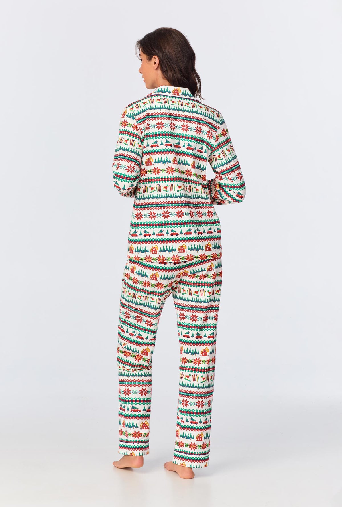 A lady wearing Festive Fairisle Long Sleeve Classic Stretch Jersey PJ Set