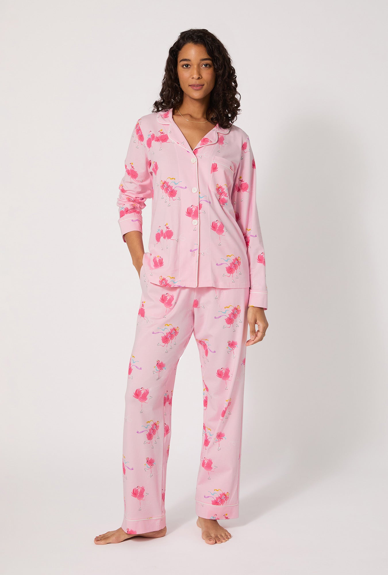 A lady wearing Flamingos On Ice Long Sleeve Classic Stretch Jersey Pj Set