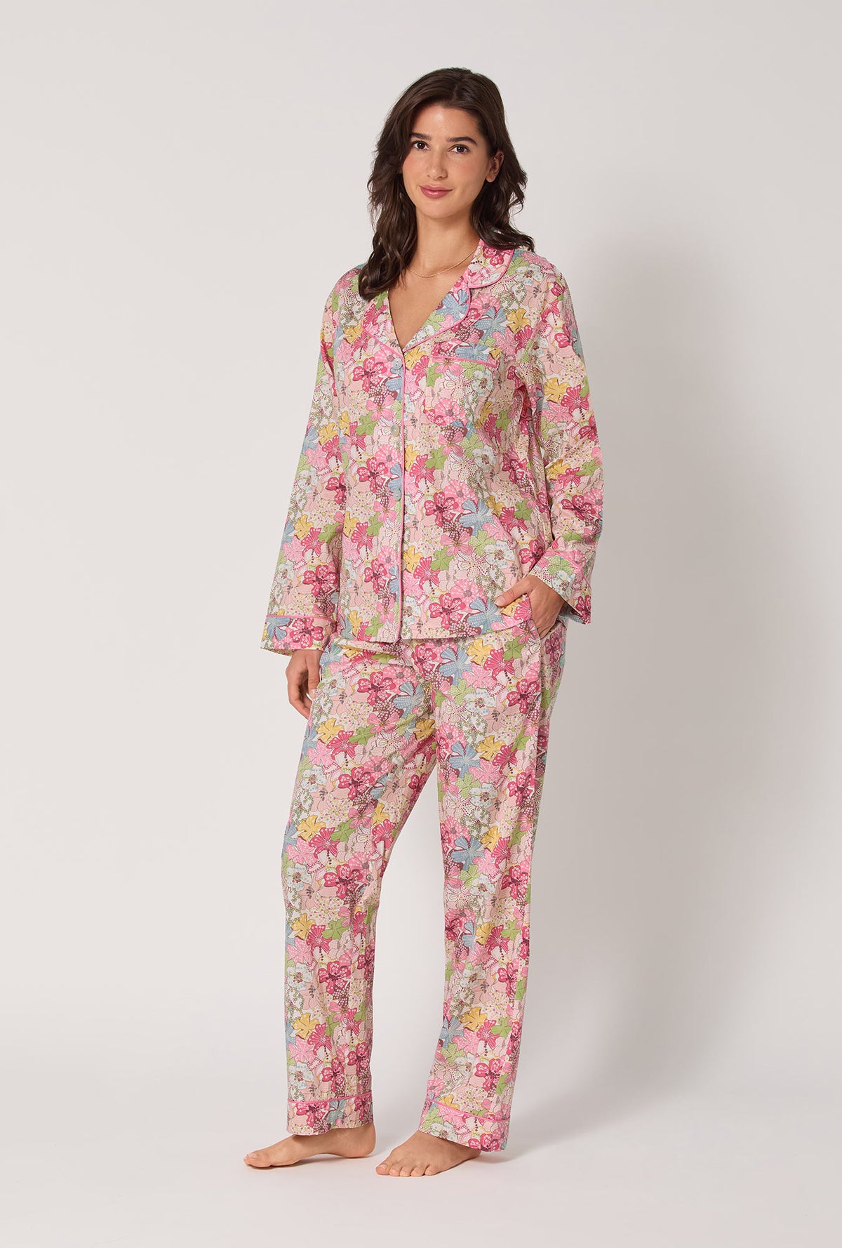 A lady wearing Mauvey Long Sleeve Classic Woven Tana Lawn® Pj Set Made With Liberty Fabric
