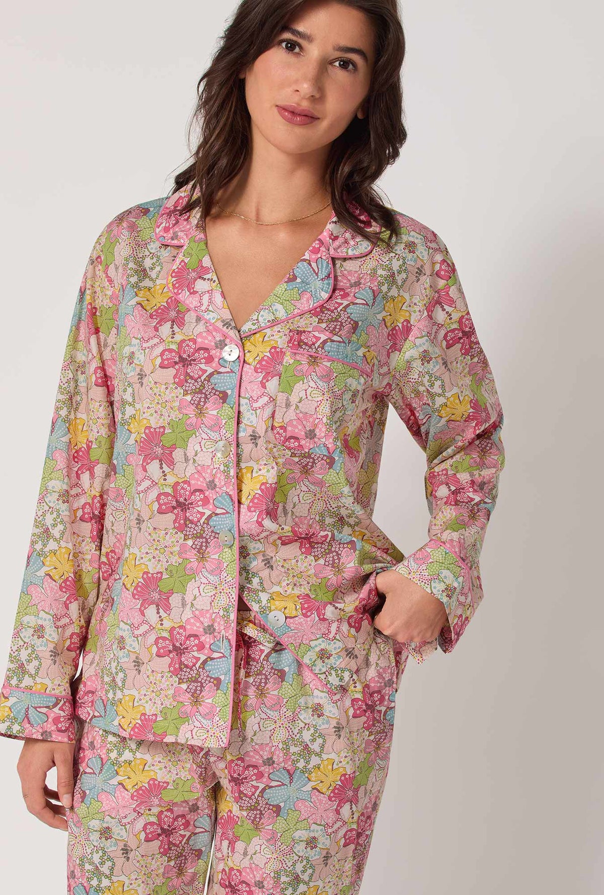 A lady wearing Mauvey Long Sleeve Classic Woven Tana Lawn® Pj Set Made With Liberty Fabric