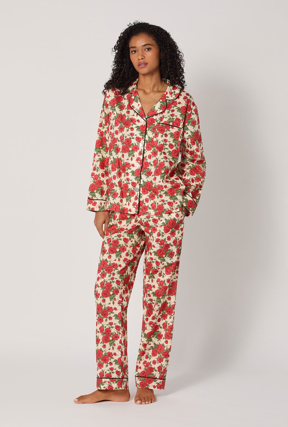 A lady wearing Carline Rose Long Sleeve Classic Woven Tana Lawn® Pj Set Made With Liberty Fabric
