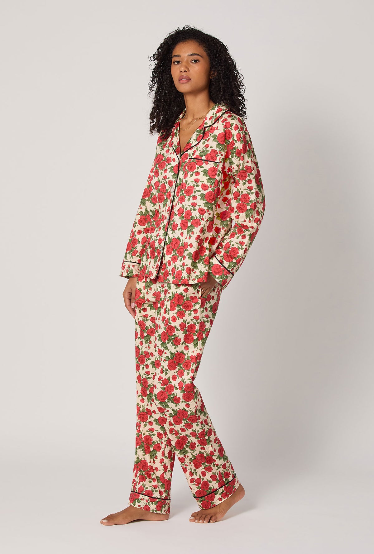 A lady wearing Carline Rose Long Sleeve Classic Woven Tana Lawn® Pj Set Made With Liberty Fabric