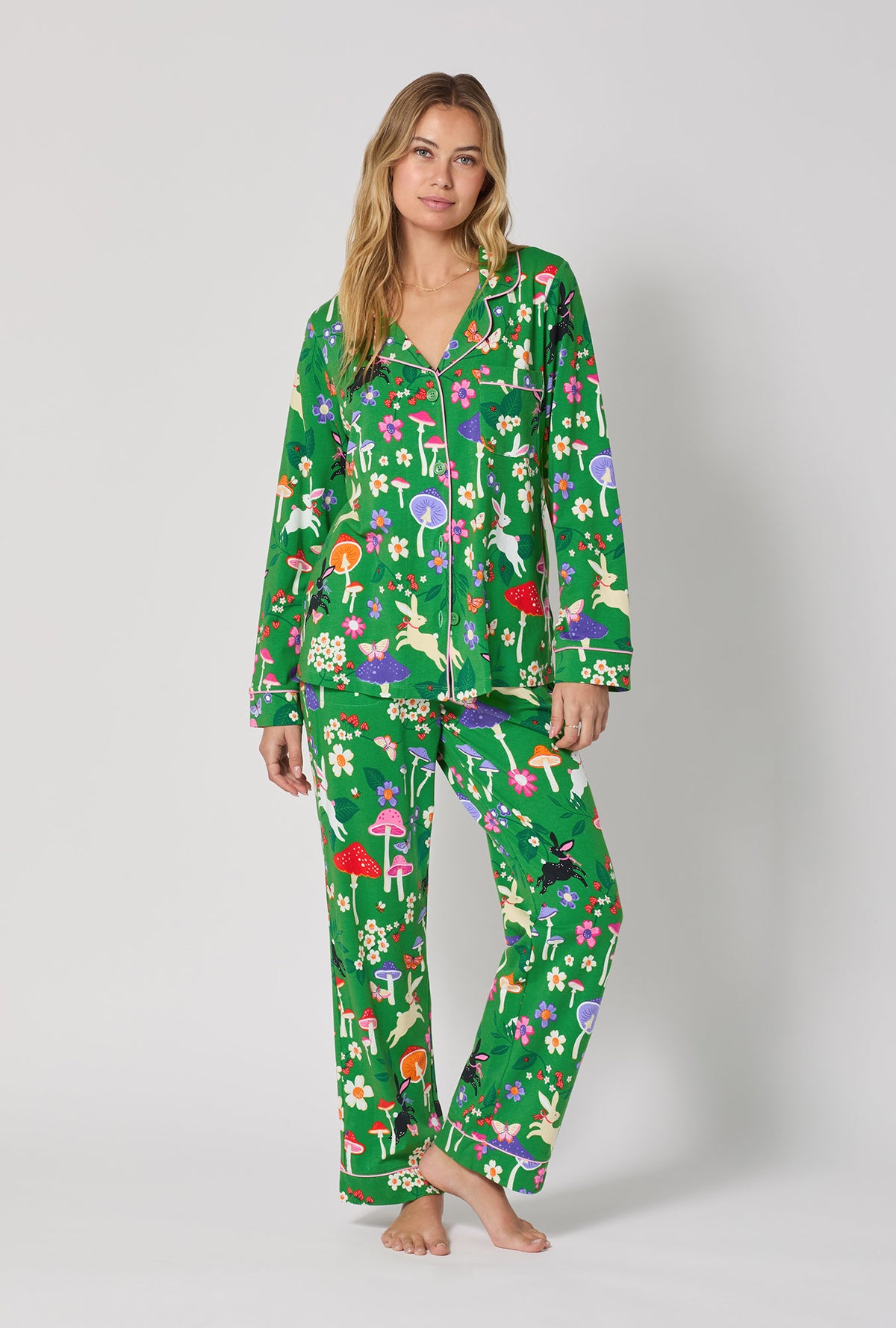 A lady wearing Spring Hares Long Sleeve Classic Stretch Jersey Pj Set