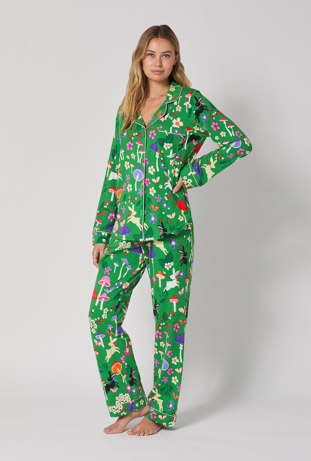 A lady wearing Spring Hares Long Sleeve Classic Stretch Jersey Pj Set