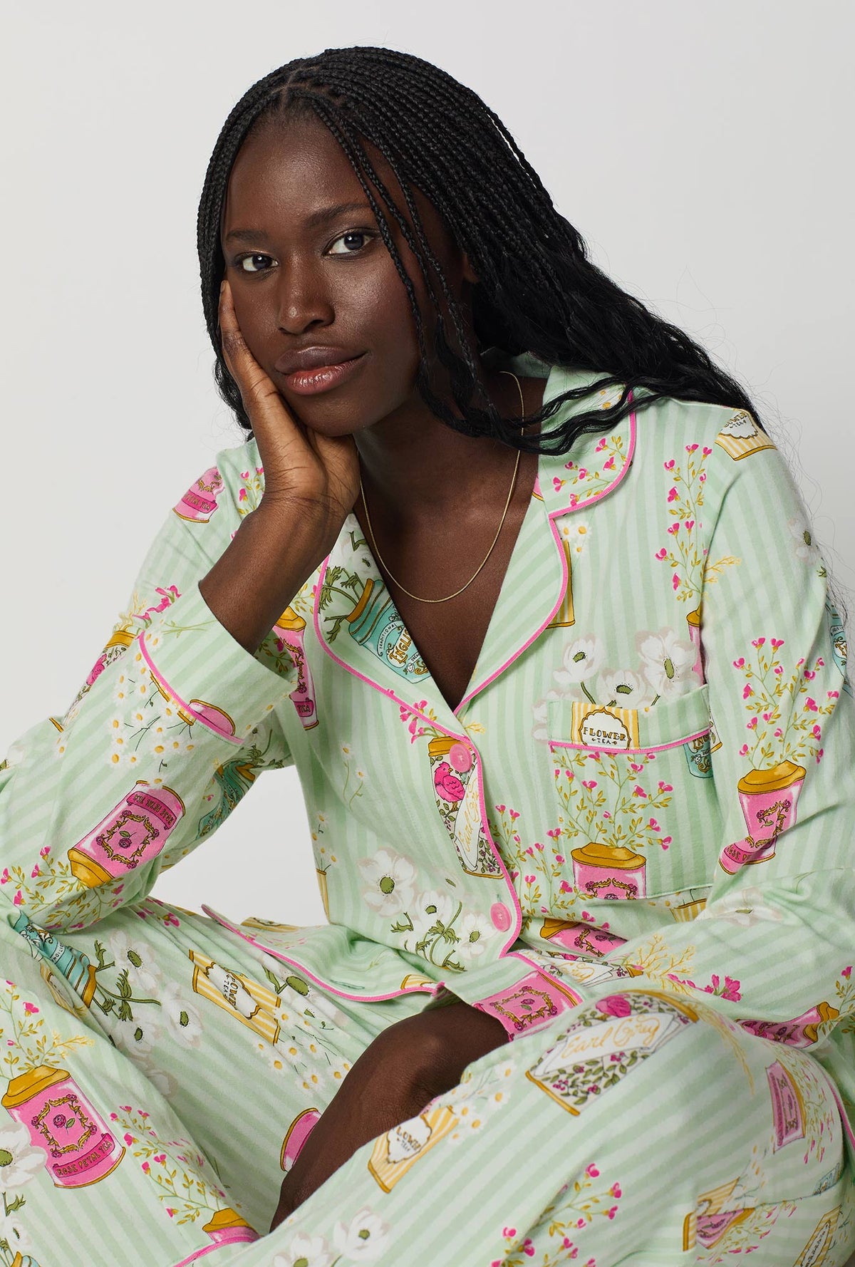 A lady wearing Flower Cans Long Sleeve Classic Stretch Jersey Pj Set