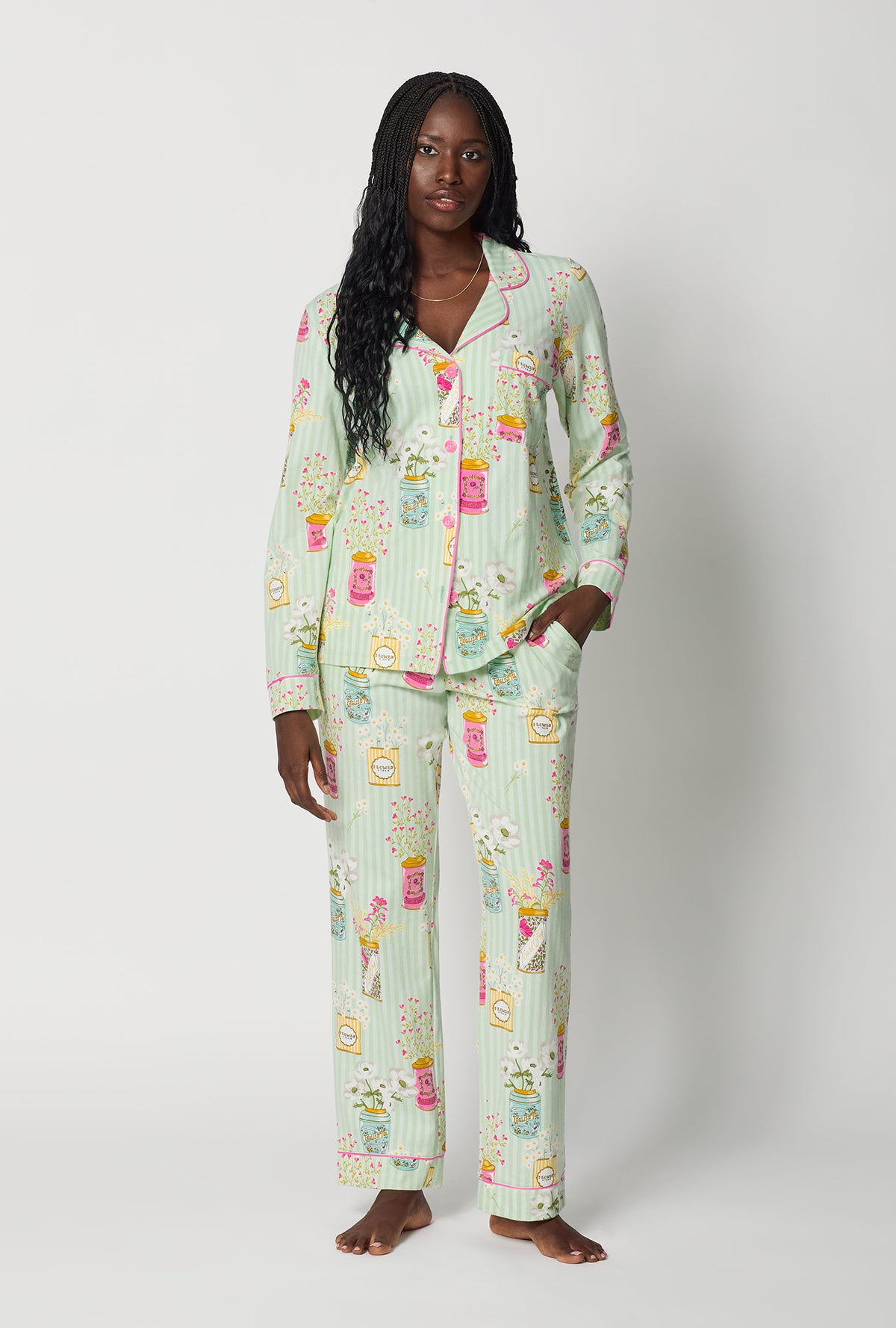 A lady wearing Flower Cans Long Sleeve Classic Stretch Jersey Pj Set