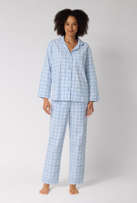 A lady wearing Meadow Haze Plaid Long Sleeve Classic Woven Portuguese Flannel Pj Set