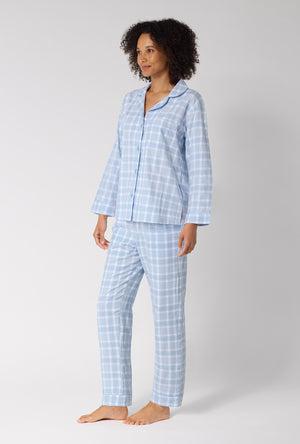 A lady wearing Meadow Haze Plaid Long Sleeve Classic Woven Portuguese Flannel Pj Set looking side
