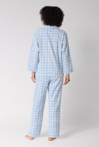 A lady wearing Meadow Haze Plaid Long Sleeve Classic Woven Portuguese Flannel Pj Set back view
