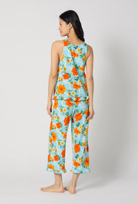 A lady wearing Golden Breeze Ruffle Tank Stretch Jersey Cropped Pj Set back view