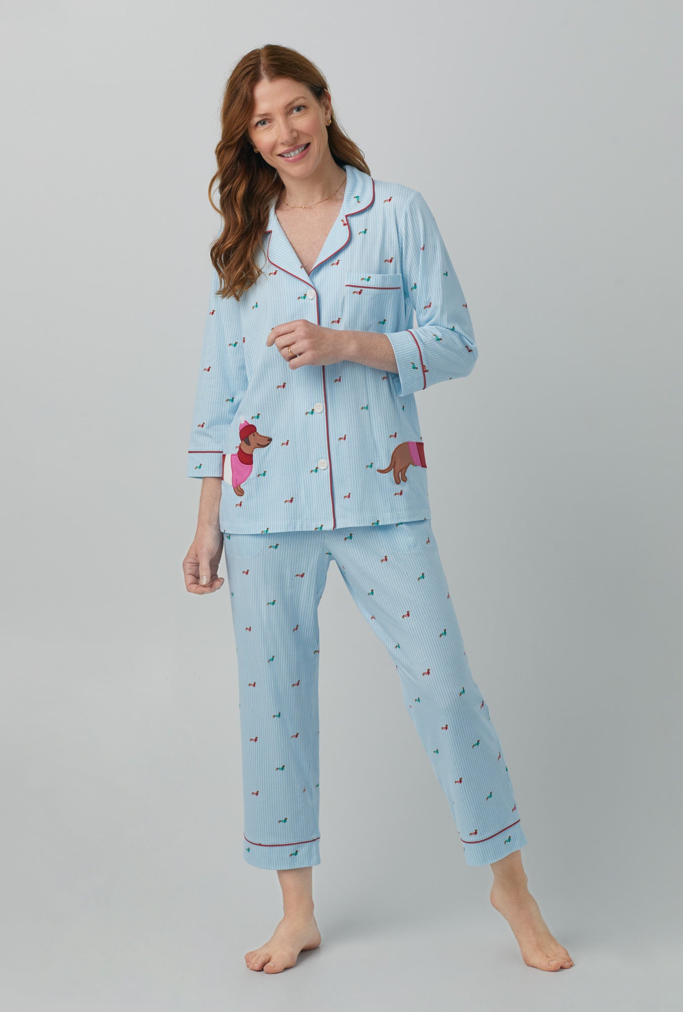 A lady wearing light blue3/4 Sleeve Classic Stretch Jersey Cropped PJ Set with Dach shun print