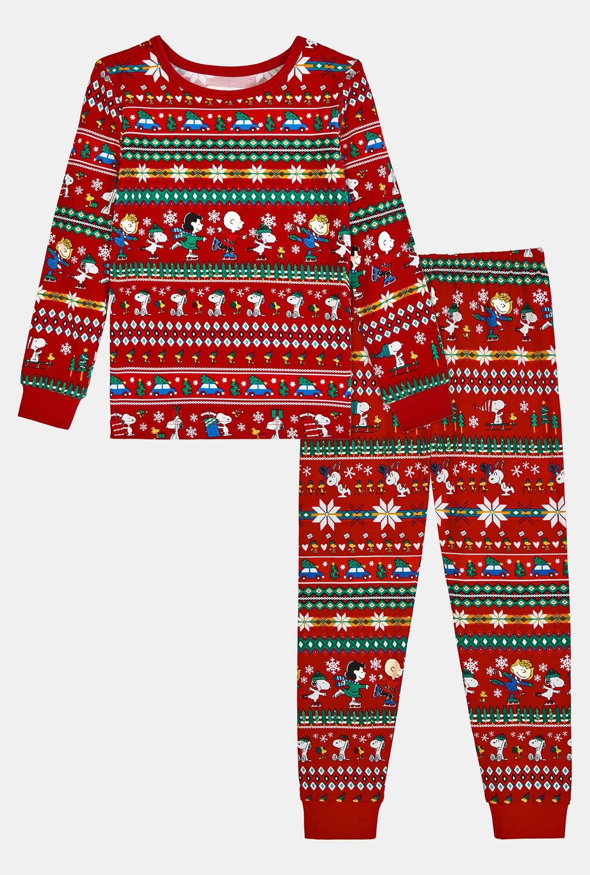 A girl wearing Peanuts®  Winter Fairisle Long Sleeve Stretch Jersey Kids Pj Set