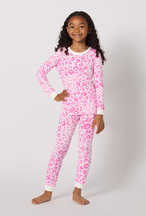 A Girl Wearing Valentina Leopard Long Sleeve Stretch Jersey Kids Pj Set
