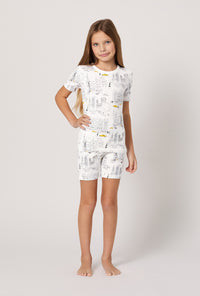 A girl wearing City That Never Sleeps Short Sleeve Stretch Jersey Kids Short PJ Set