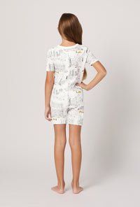 A girl wearing City That Never Sleeps Short Sleeve Stretch Jersey Kids Short PJ Set