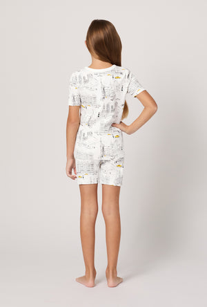 A girl wearing City That Never Sleeps Short Sleeve Stretch Jersey Kids Short PJ Set