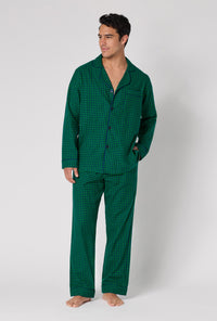 A man wearing Jack Gingham Men's Long Sleeve Classic Woven Portuguese Flannel Pj Set looking side