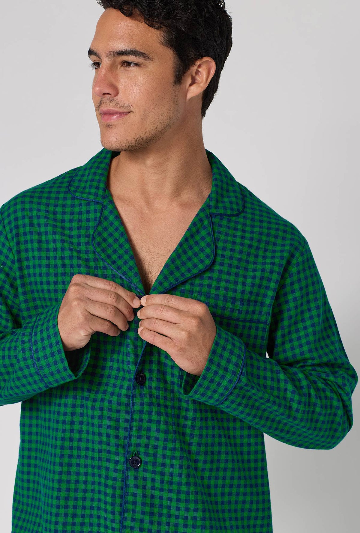 A man wearing Jack Gingham Men's Long Sleeve Classic Woven Portuguese Flannel Pj Set closer look