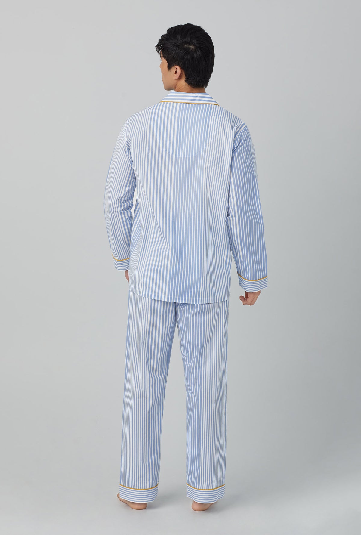 A men wearing blue Long Sleeve Classic Woven Cotton Poplin PJ Set with Modern Stripe print
