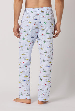 A man wearing Catch A Wave, Snoopy Men's Woven Cotton Poplin Pj Pant back view