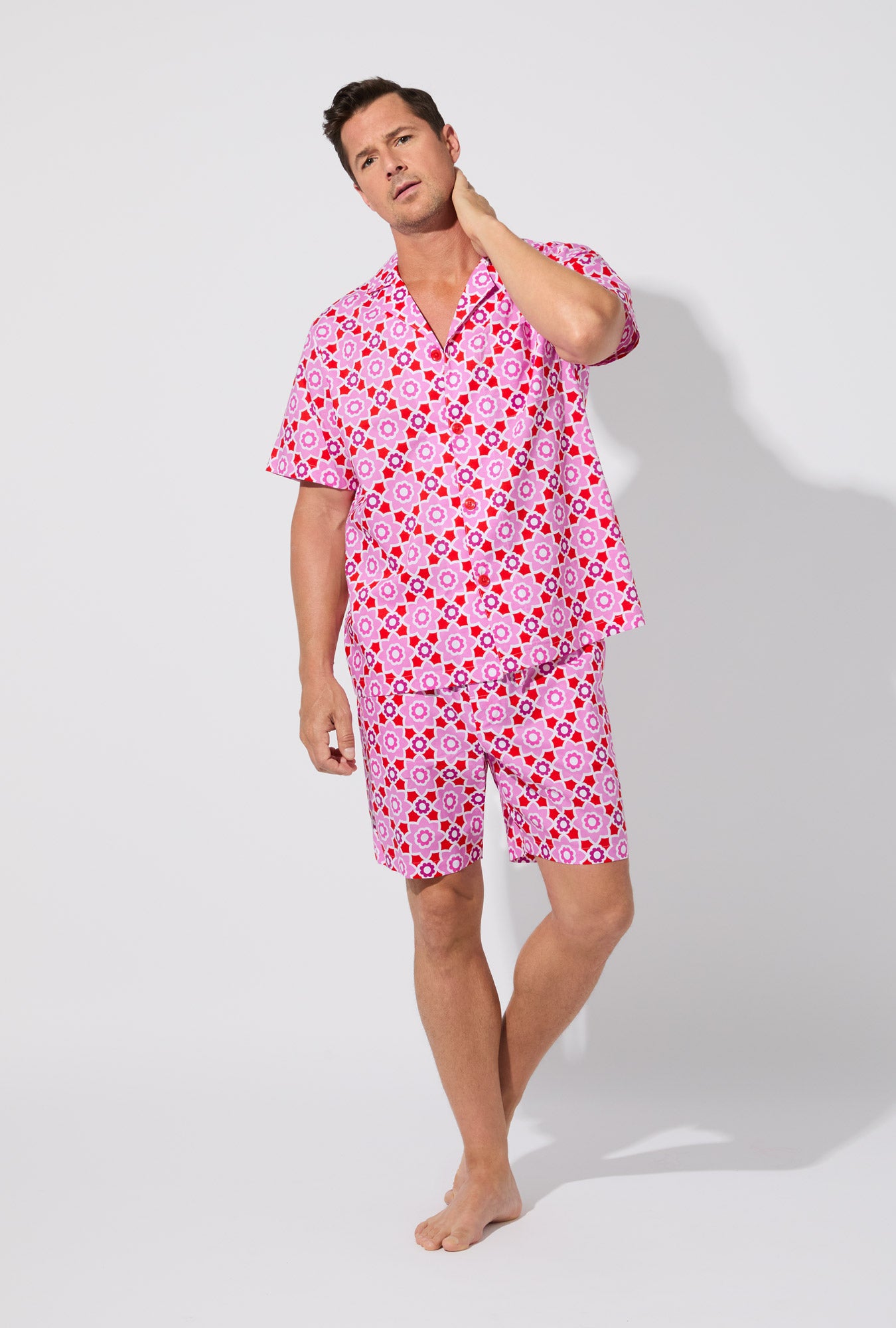A man wearing a Mosaic Tile Men's Short Sleeve Woven Cotton Poplin Short PJ Set
