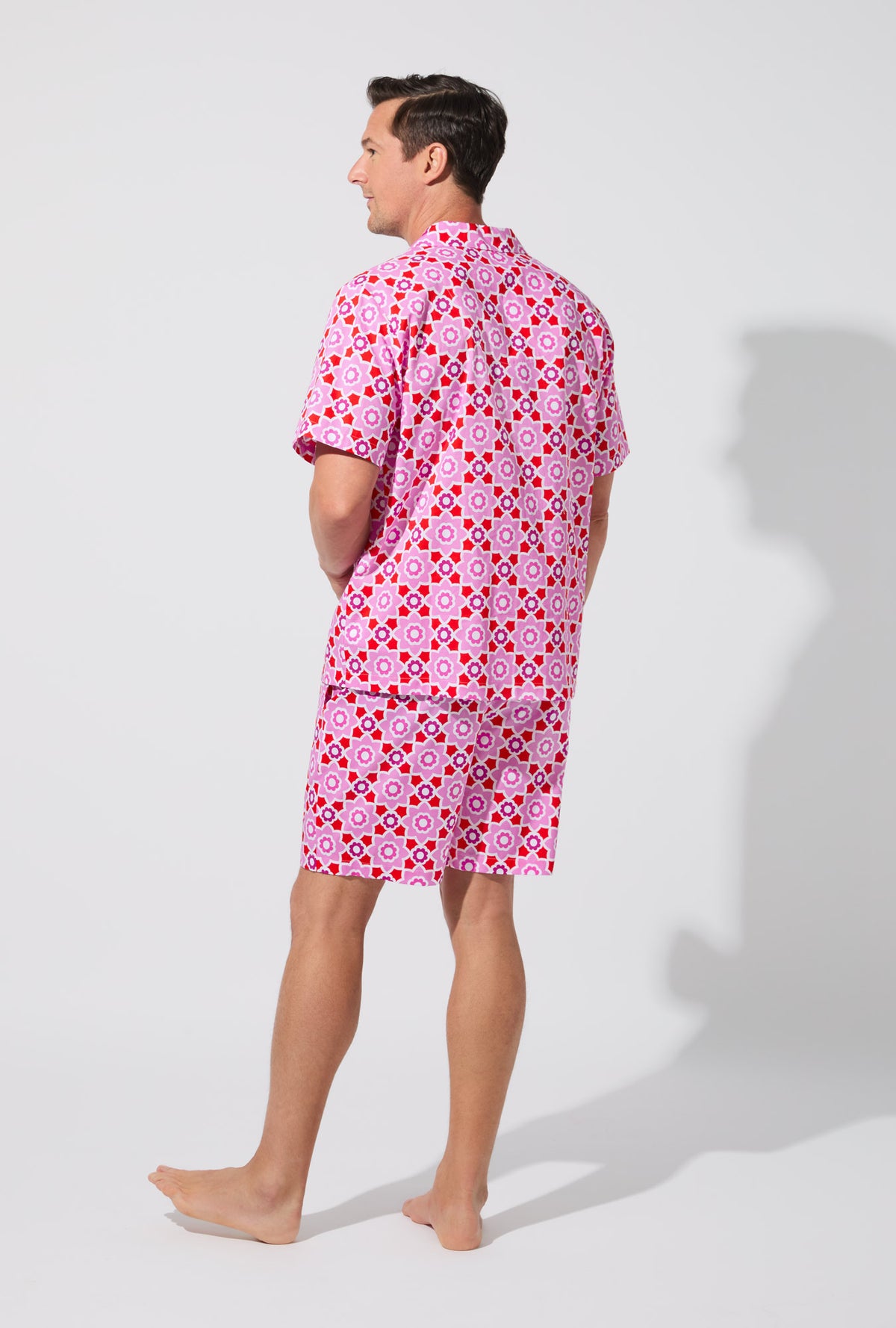 A man wearing a Mosaic Tile Men&#39;s Short Sleeve Woven Cotton Poplin Short PJ Set