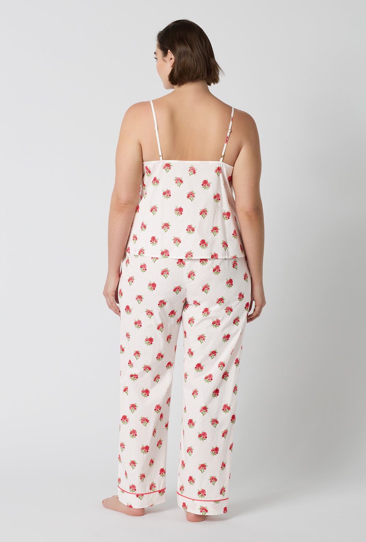 A Lady Wearing Plus Size Celeste Cami Woven Supersoft Cotton Poplin Long Pj Set in a back view pose