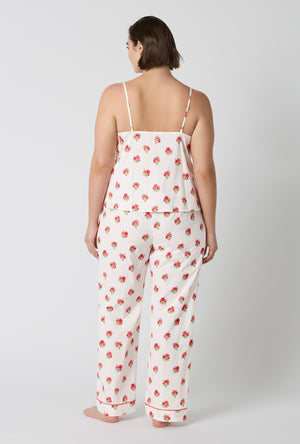 A Lady Wearing Plus Size Celeste Cami Woven Supersoft Cotton Poplin Long Pj Set in a back view pose