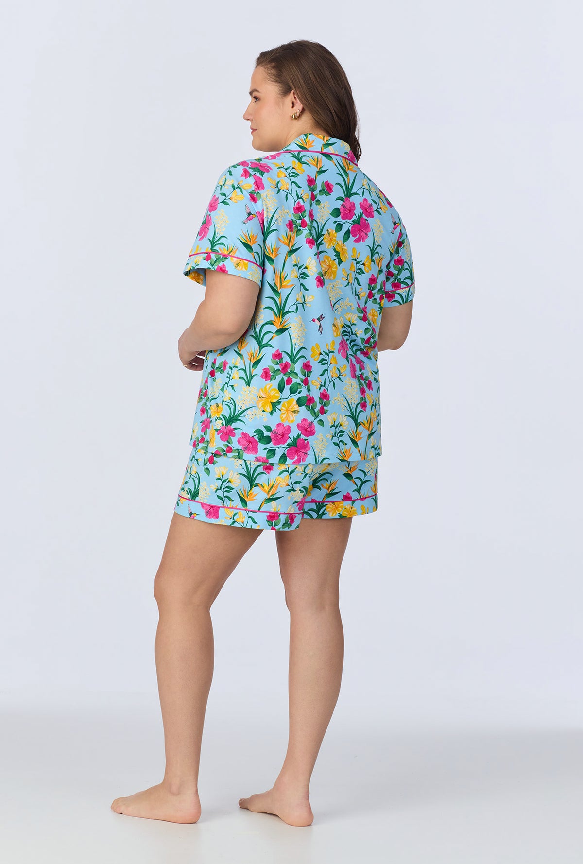 A lady wearing Tropical Paradise Short Sleeve Classic Shorty Stretch Jersey PJ Set
