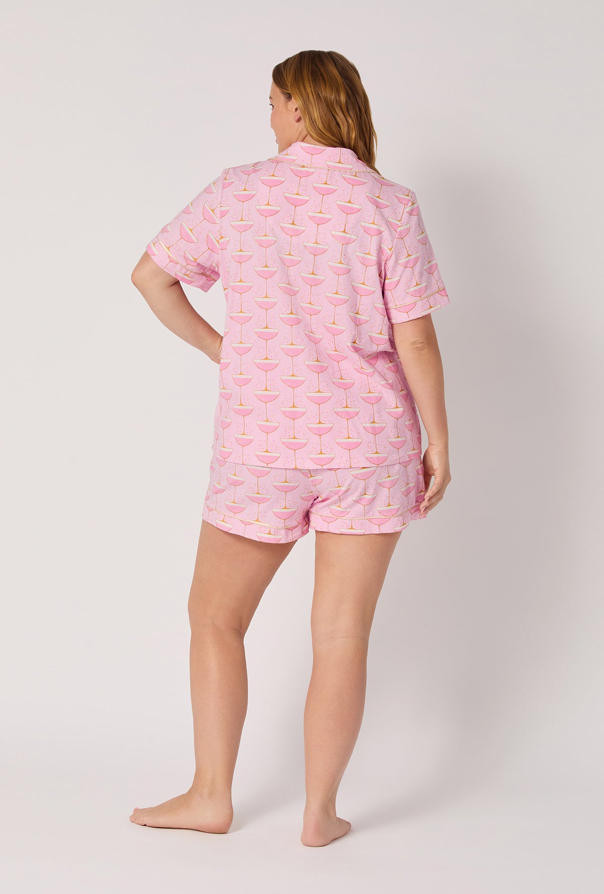 A Lady wearing Champagne Coupe Short Sleeve Classic Shorty Stretch Jersey Pj Set