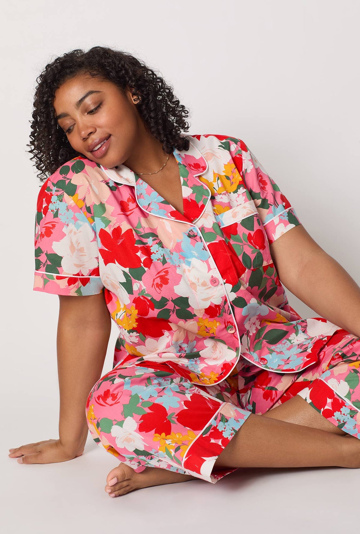 A lady wearing plus size Cassandra Short Sleeve Classic Woven Cotton Poplin Cropped Pj Set
