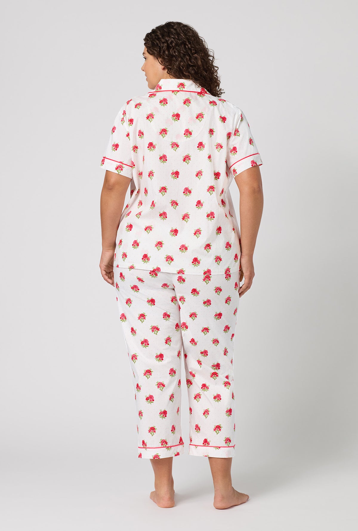 A Lady Wearing Plus Size Celeste Short Sleeve Classic Woven Supersoft Cotton Poplin Cropped Pj Set in a back view pose