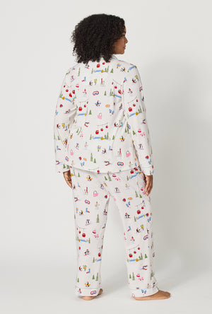 A lady wearing plus size Snow Much Fun Long Sleeve Classic Stretch Jersey Pj Set back view