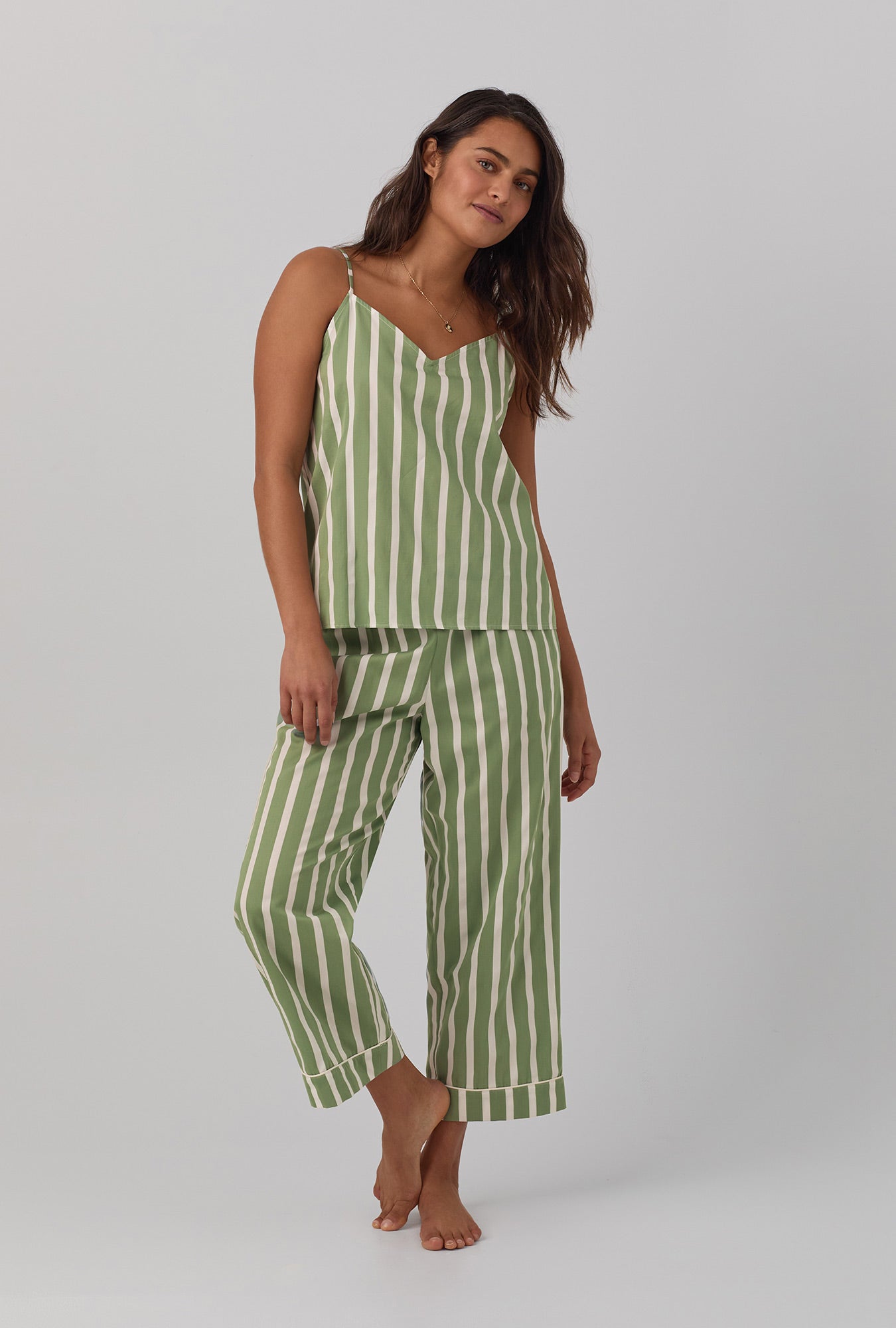 A lady wearing green Woven Cotton Sateen Cropped PJ Set with North Shore Stripe print.
